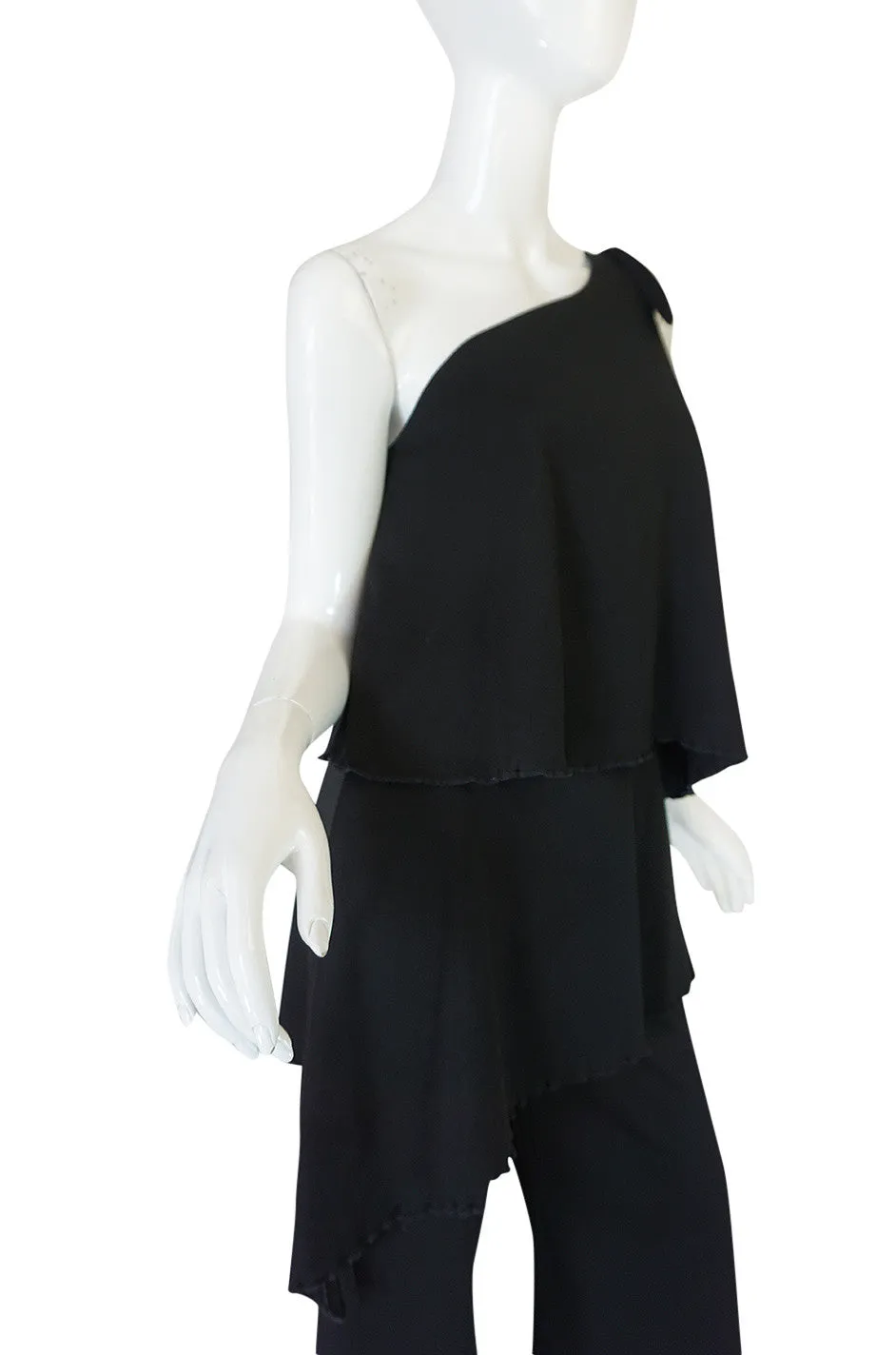1970s Black Jersey One Shoulder Tiered Jumpsuit