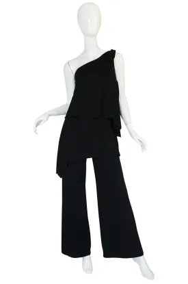1970s Black Jersey One Shoulder Tiered Jumpsuit