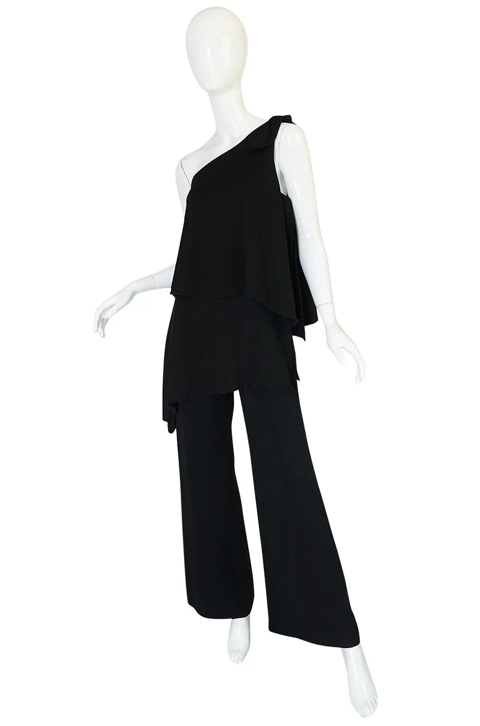 1970s Black Jersey One Shoulder Tiered Jumpsuit
