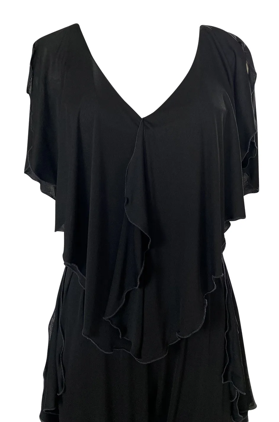 1970s Holly's Harp Black Jersey Ruffled Edge Pant & V Front Top Set