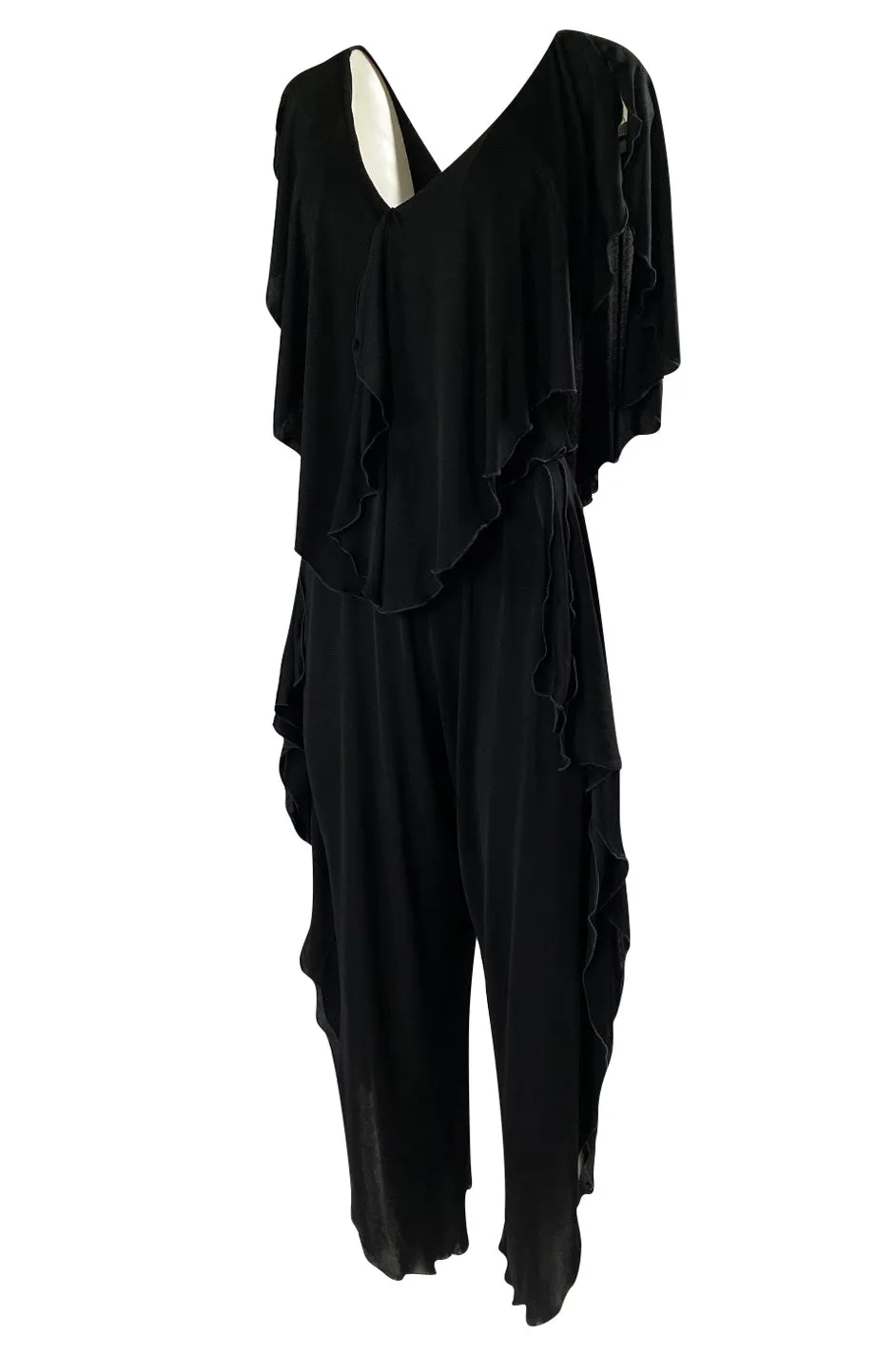 1970s Holly's Harp Black Jersey Ruffled Edge Pant & V Front Top Set