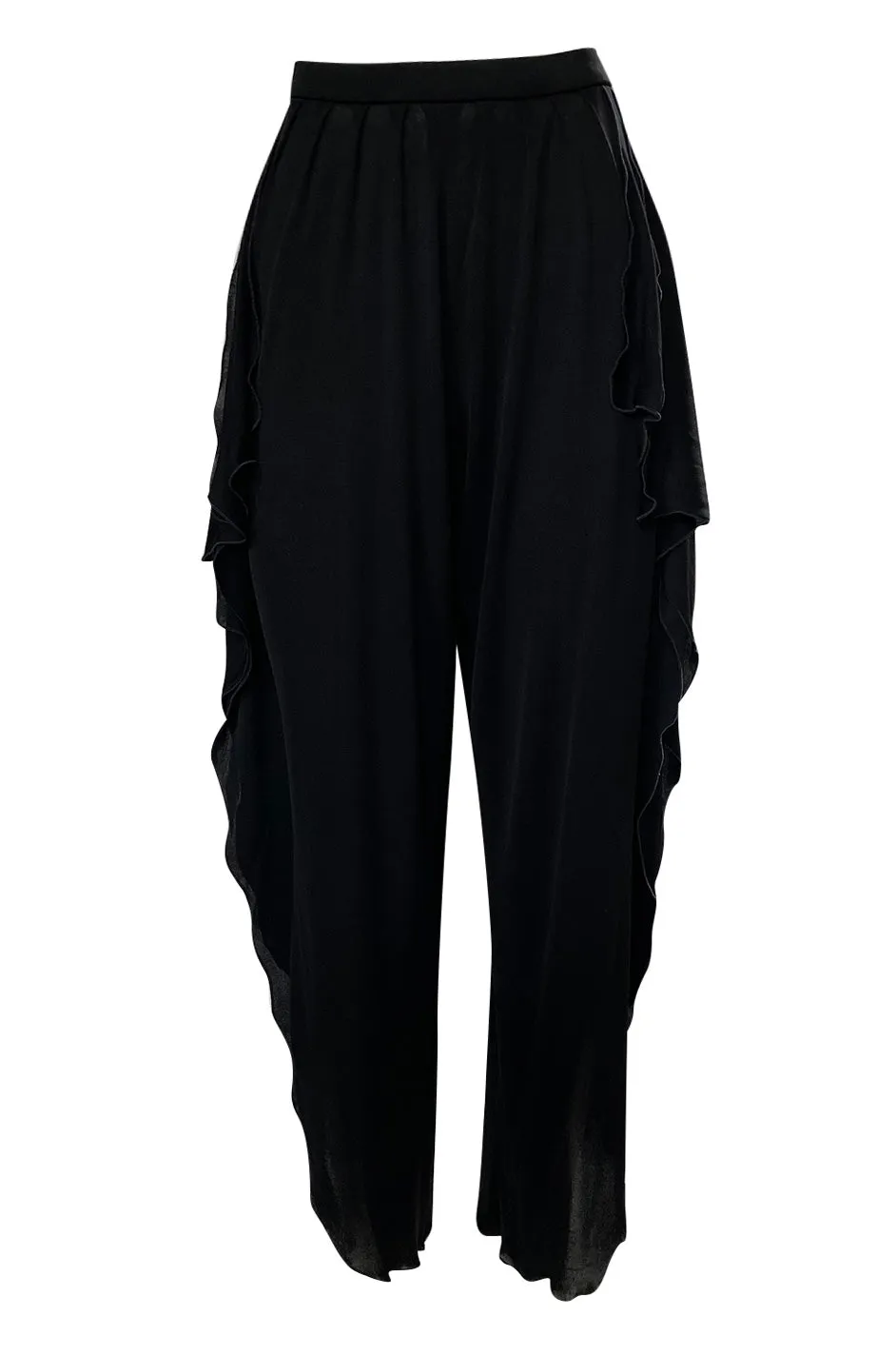 1970s Holly's Harp Black Jersey Ruffled Edge Pant & V Front Top Set