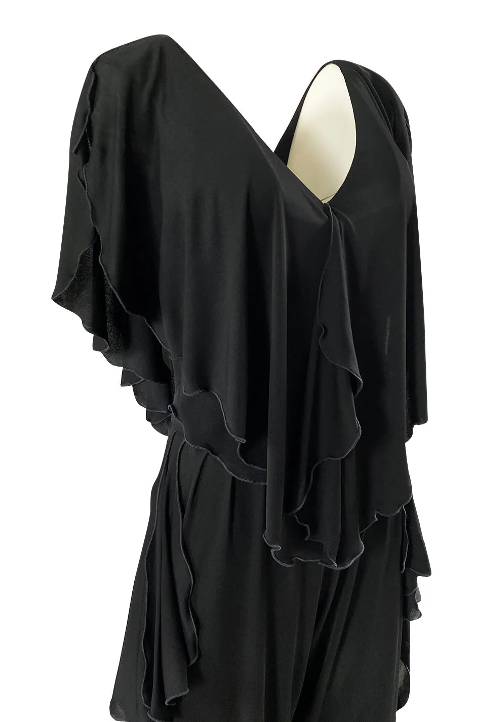 1970s Holly's Harp Black Jersey Ruffled Edge Pant & V Front Top Set