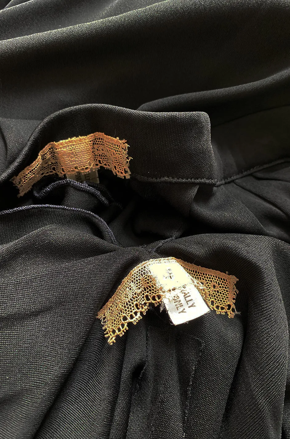 1970s Holly's Harp Black Jersey Ruffled Edge Pant & V Front Top Set