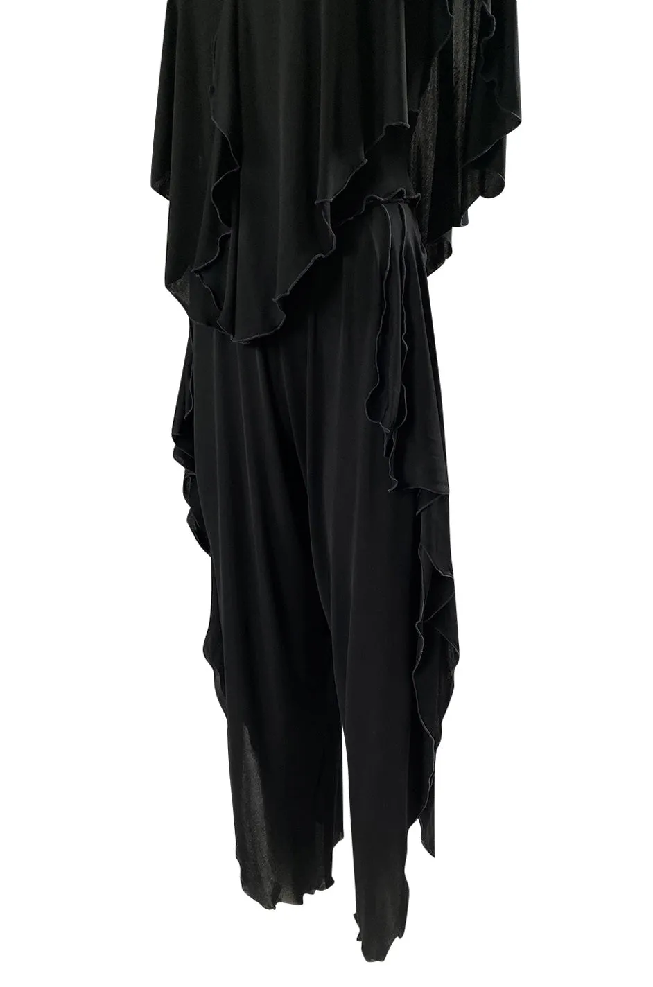 1970s Holly's Harp Black Jersey Ruffled Edge Pant & V Front Top Set