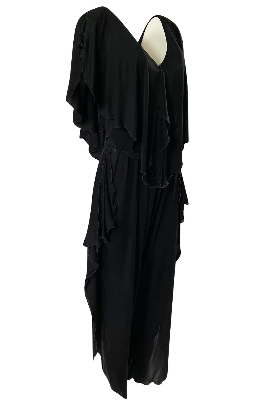 1970s Holly's Harp Black Jersey Ruffled Edge Pant & V Front Top Set