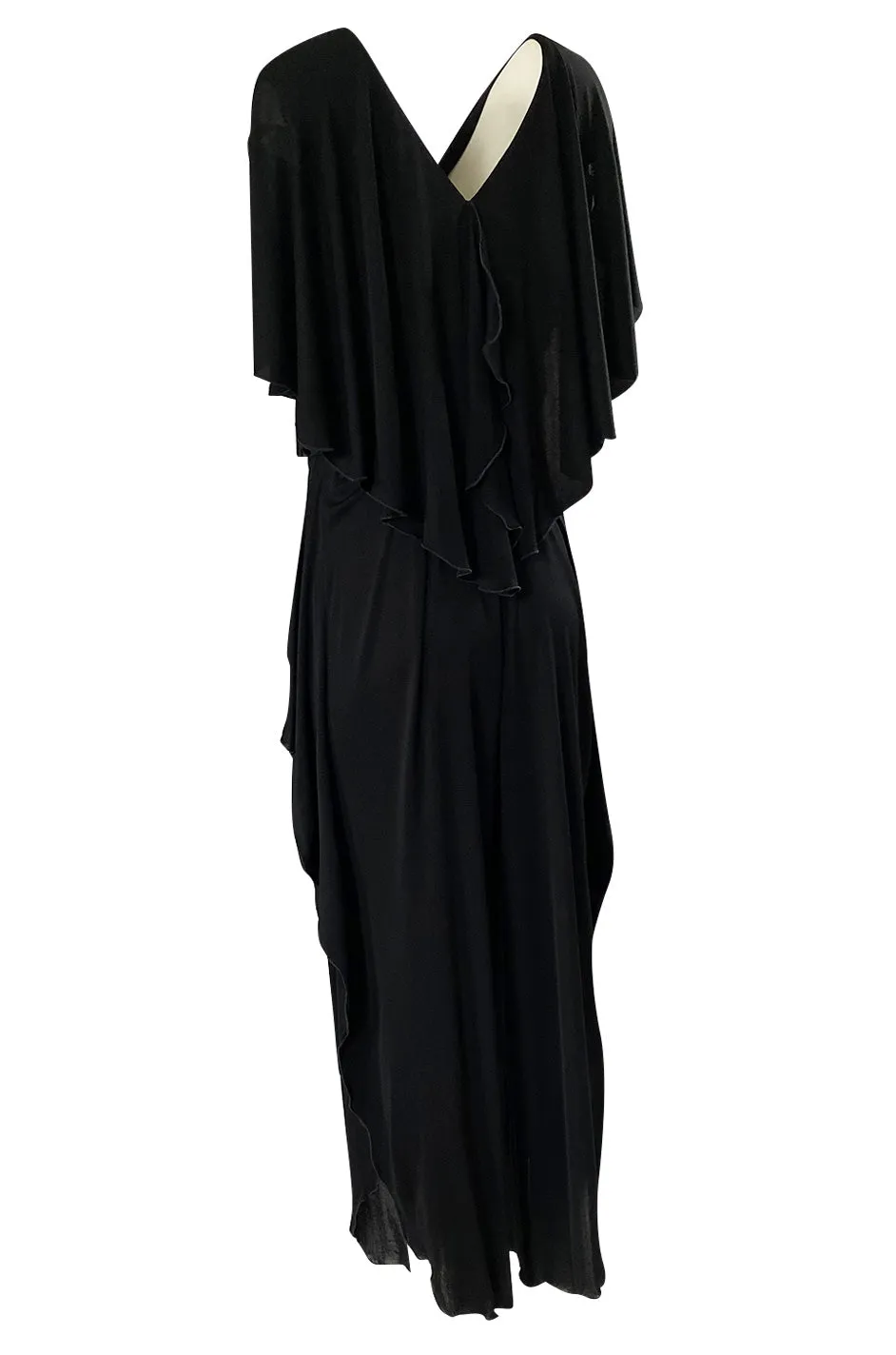 1970s Holly's Harp Black Jersey Ruffled Edge Pant & V Front Top Set