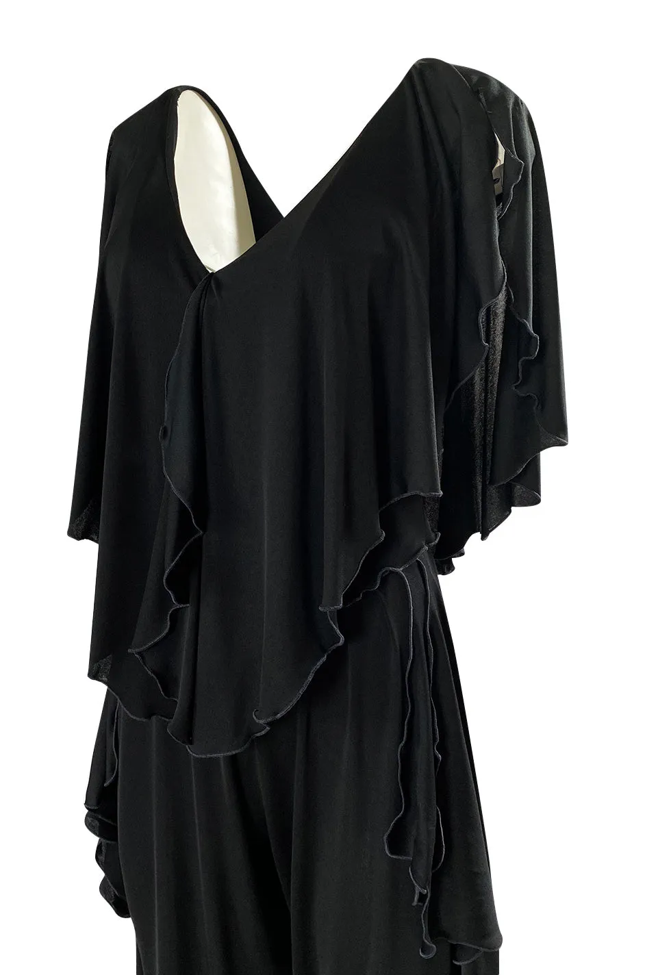 1970s Holly's Harp Black Jersey Ruffled Edge Pant & V Front Top Set