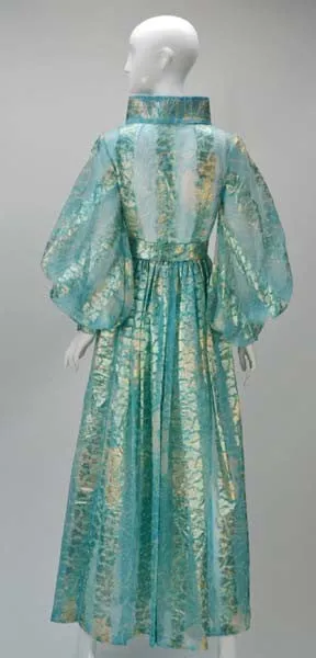 1970s Sheer Light Blue and Gold Metallic Hostess Gown