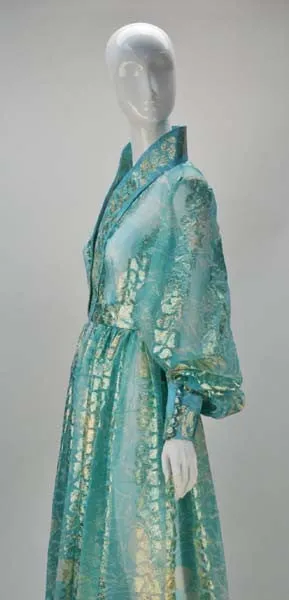 1970s Sheer Light Blue and Gold Metallic Hostess Gown