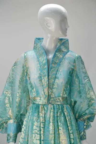 1970s Sheer Light Blue and Gold Metallic Hostess Gown