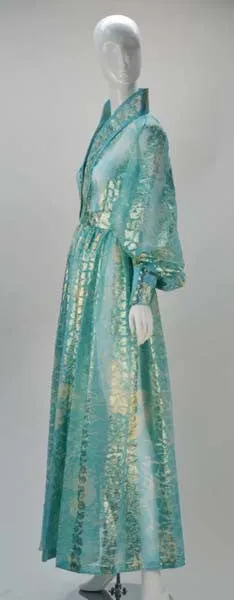 1970s Sheer Light Blue and Gold Metallic Hostess Gown