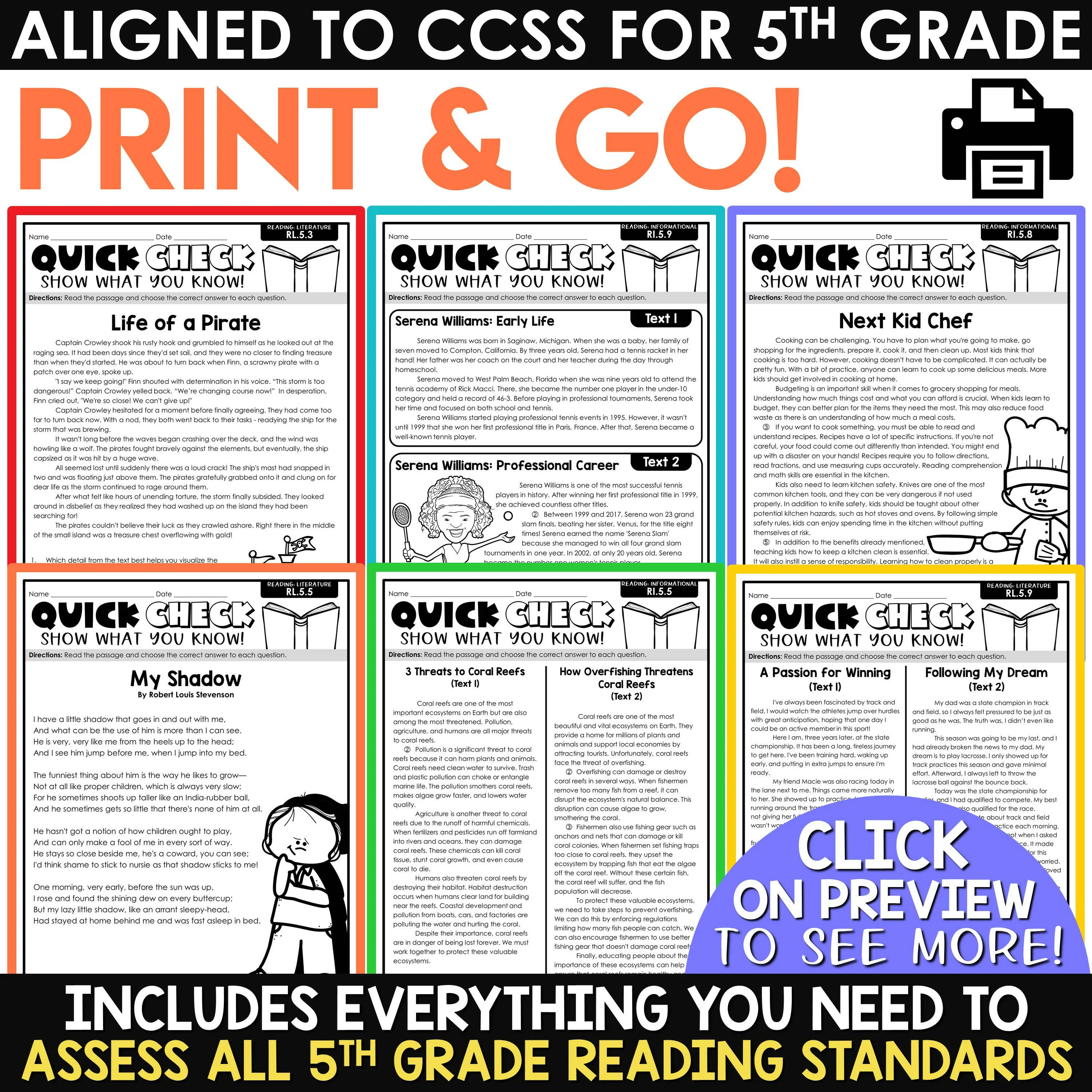 5th Grade Reading Comprehension Passages & Questions Worksheets Review Test Prep