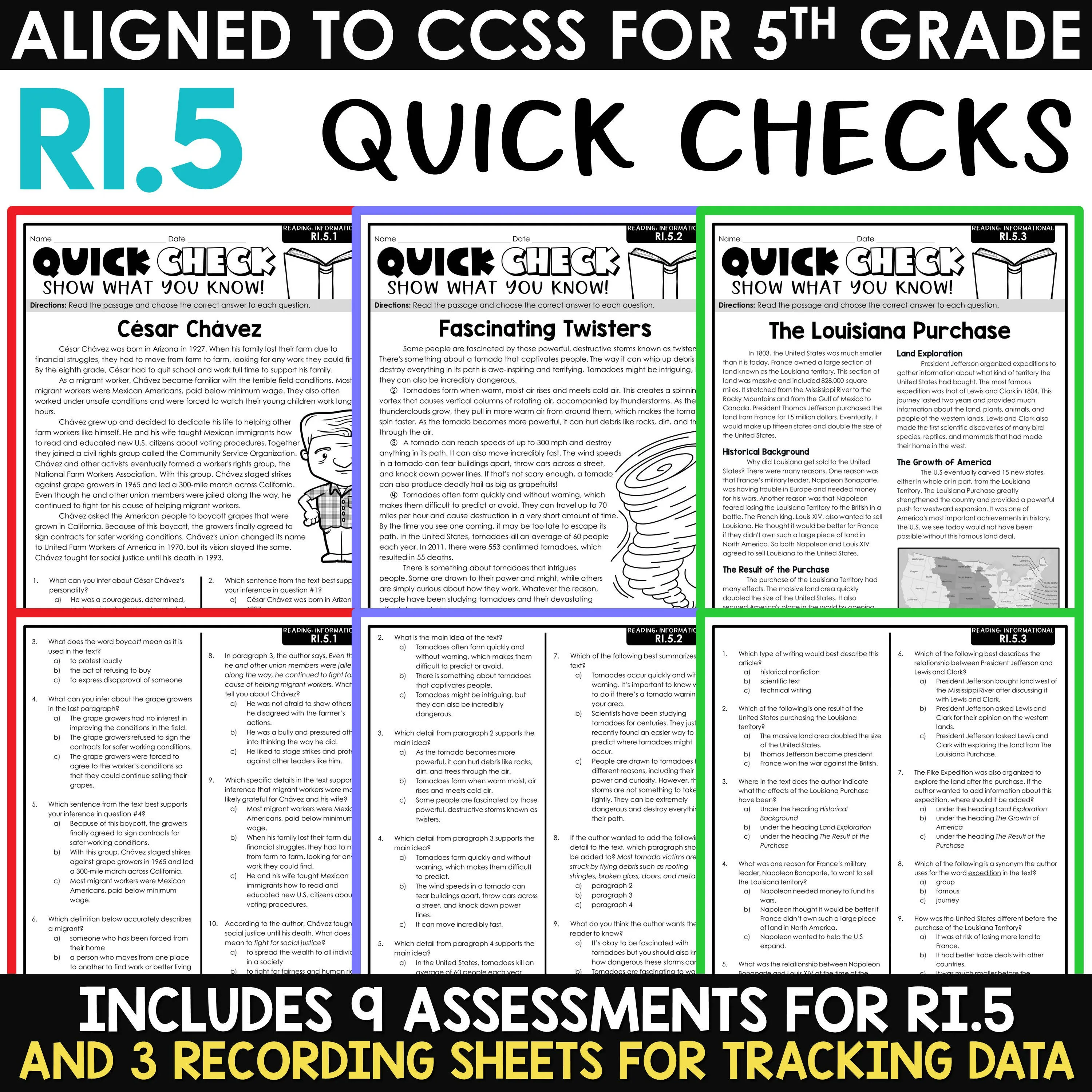 5th Grade Reading Comprehension Passages & Questions Worksheets Review Test Prep