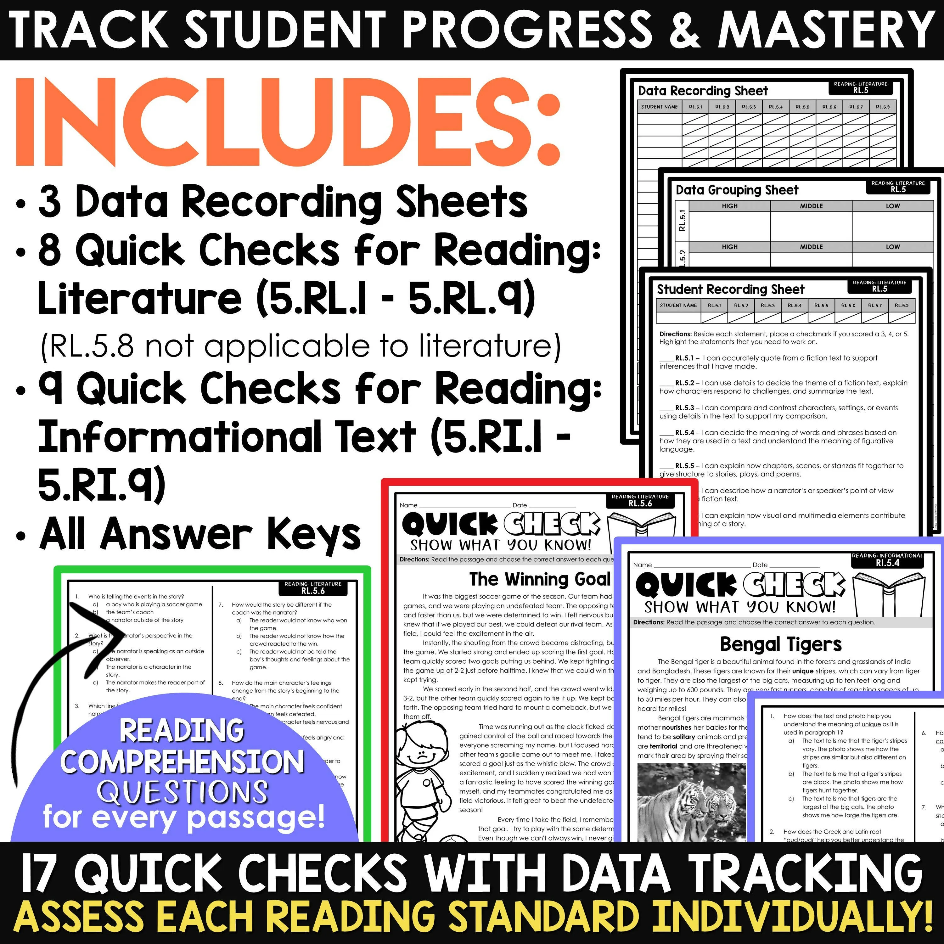 5th Grade Reading Comprehension Passages & Questions Worksheets Review Test Prep