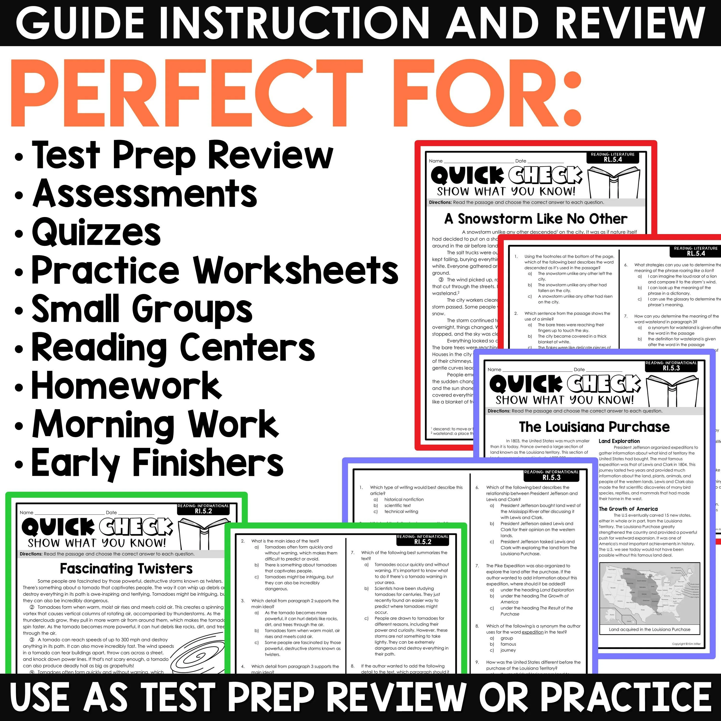 5th Grade Reading Comprehension Passages & Questions Worksheets Review Test Prep