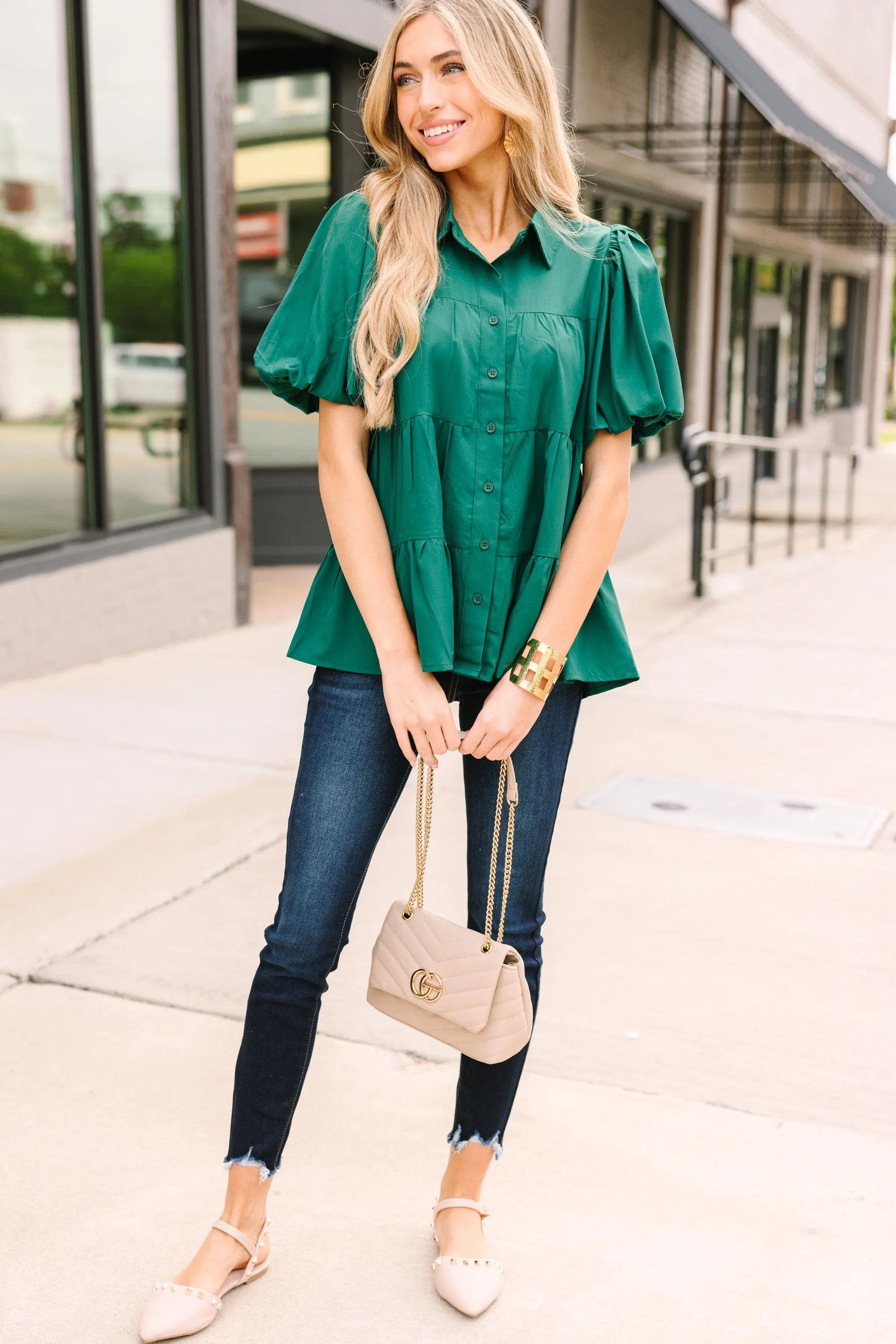 All For The Love Emerald Green Babydoll Top
