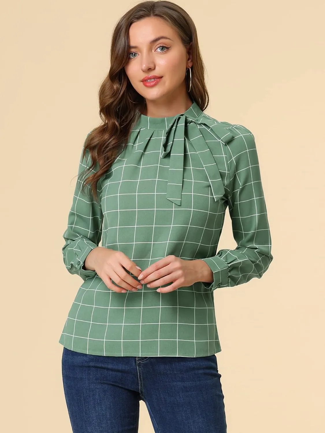 Allegra K Women's Tie Front Tops Long Sleeve Dressy Elegant Bow Neck Shirt