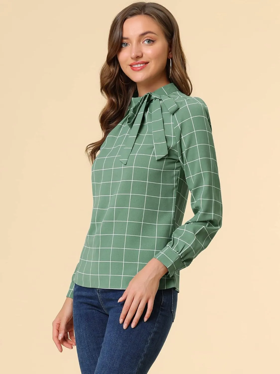 Allegra K Women's Tie Front Tops Long Sleeve Dressy Elegant Bow Neck Shirt