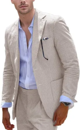 Aowdoy Blue Seersucker Suits 2 Piece Casual Summer Beach Men Suits Wedding Grooms Jacket Pants Striped Suit Set