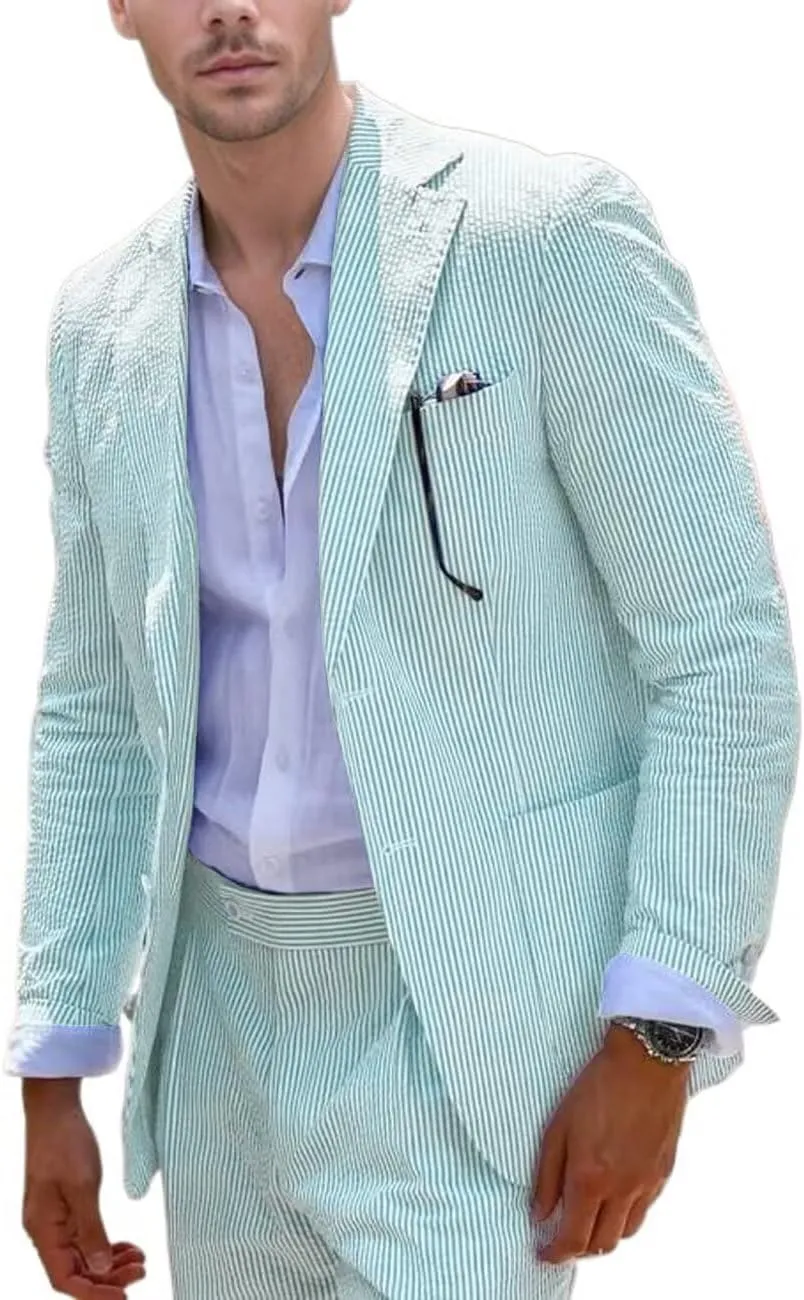 Aowdoy Blue Seersucker Suits 2 Piece Casual Summer Beach Men Suits Wedding Grooms Jacket Pants Striped Suit Set
