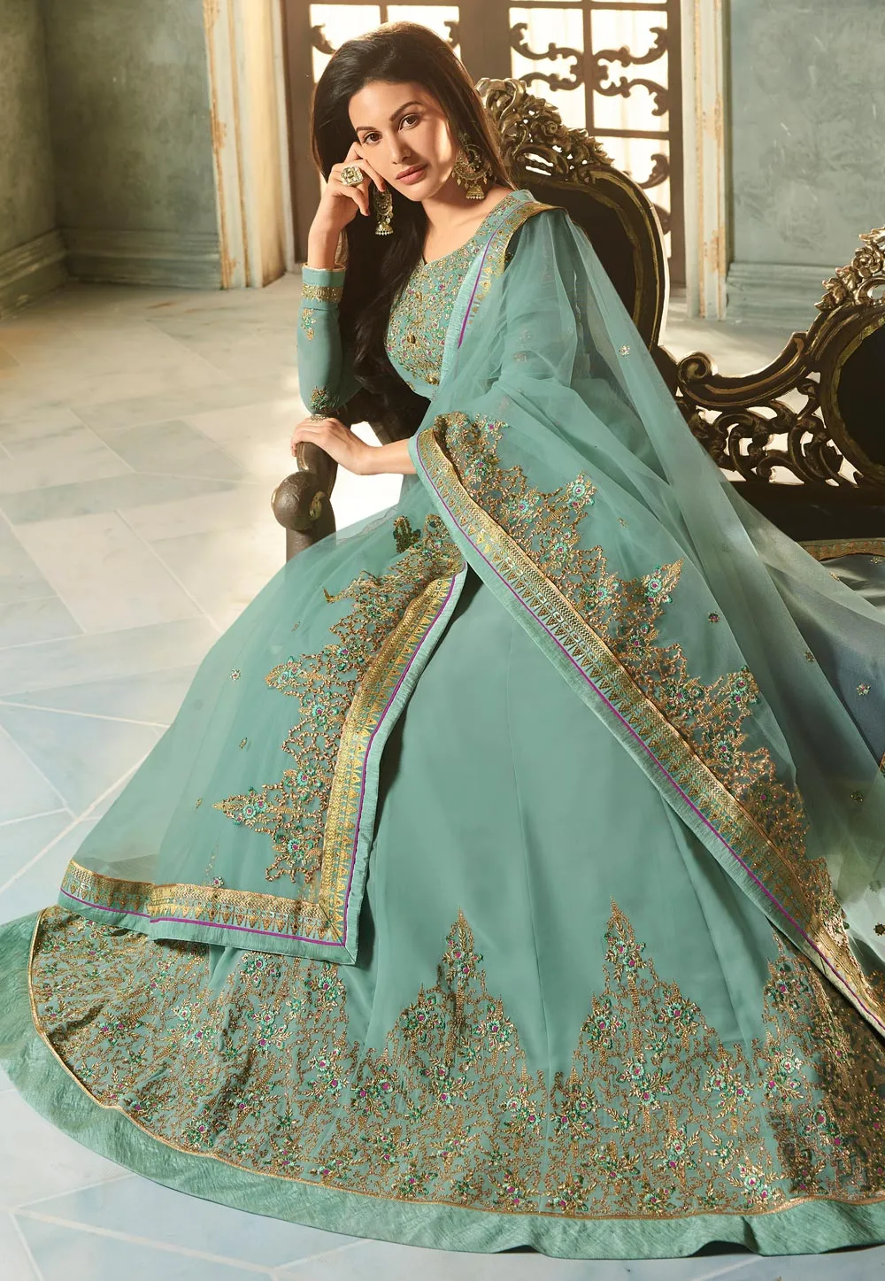 Aqua Blue Golden Embroidered Anarkali Suit