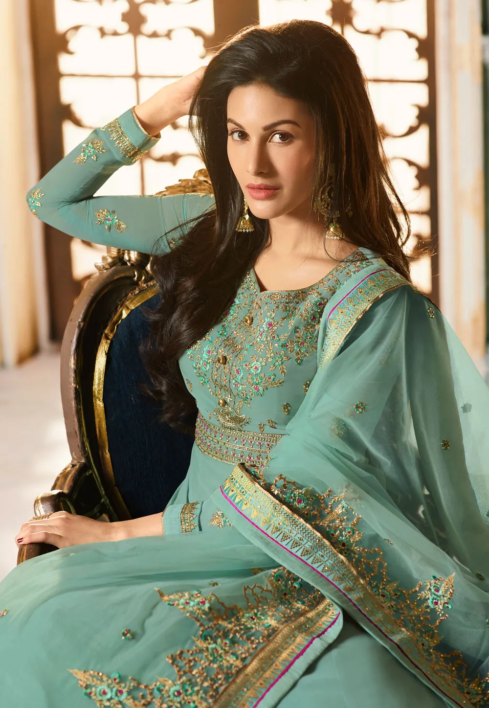 Aqua Blue Golden Embroidered Anarkali Suit
