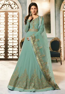Aqua Blue Golden Embroidered Anarkali Suit