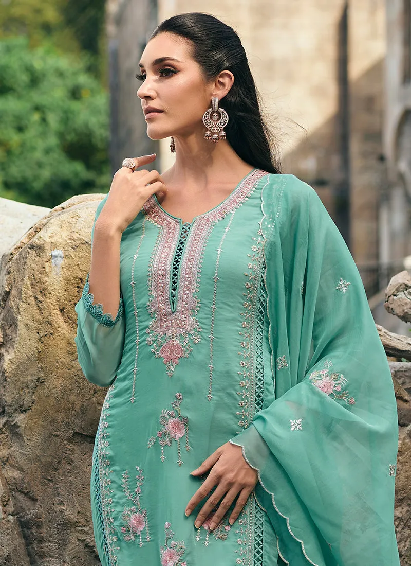 Aqua Blue Multi Embroidery Wedding Salwar Kameez