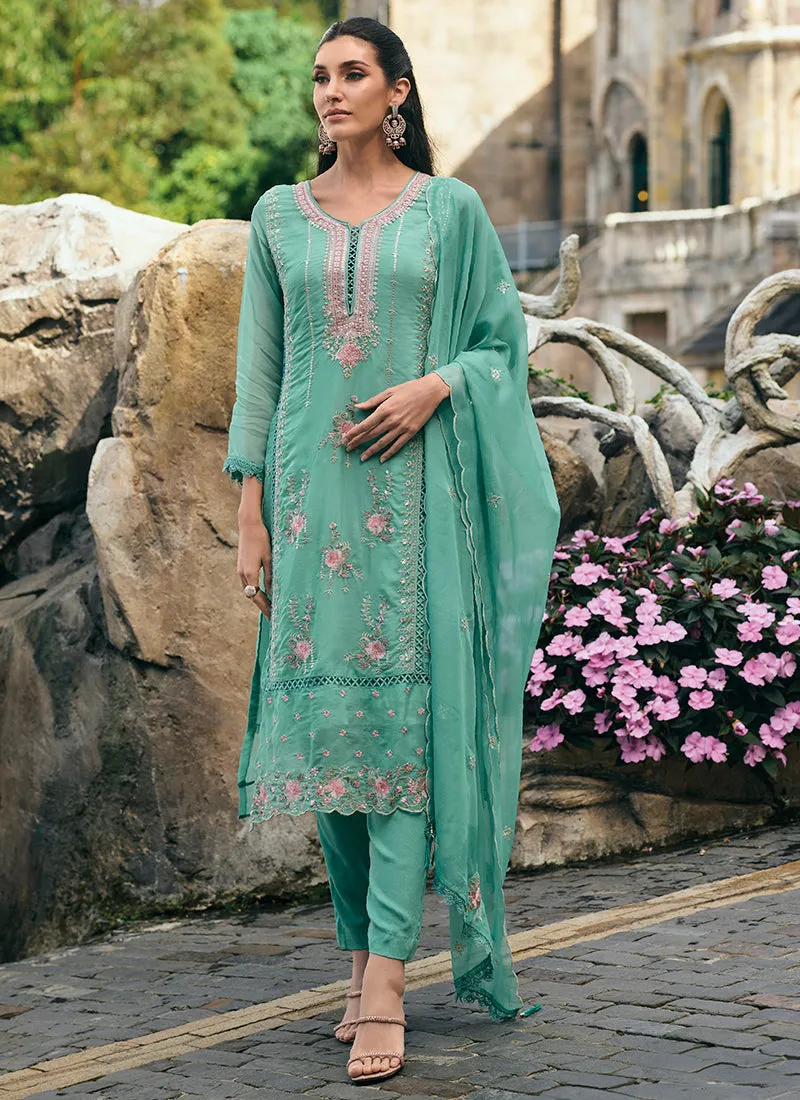 Aqua Blue Multi Embroidery Wedding Salwar Kameez
