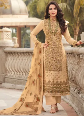 Beige Golden Embroidery Pakistani Pant Style Suit