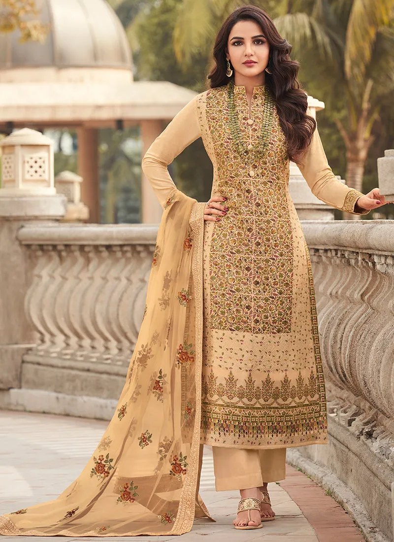 Beige Golden Embroidery Pakistani Pant Style Suit