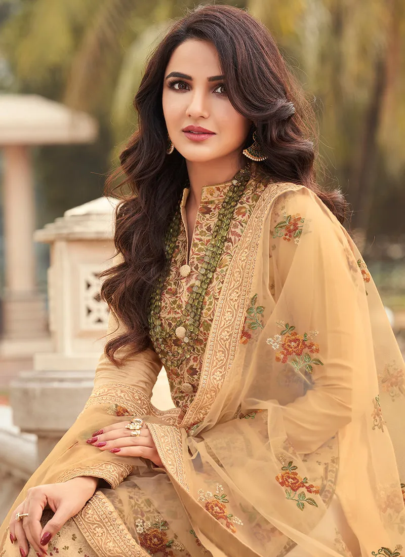 Beige Golden Embroidery Pakistani Pant Style Suit