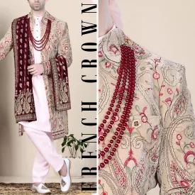 Bisque Brown and Cardinal Pink Floral Thread Embroidered Indo-Western Sherwani