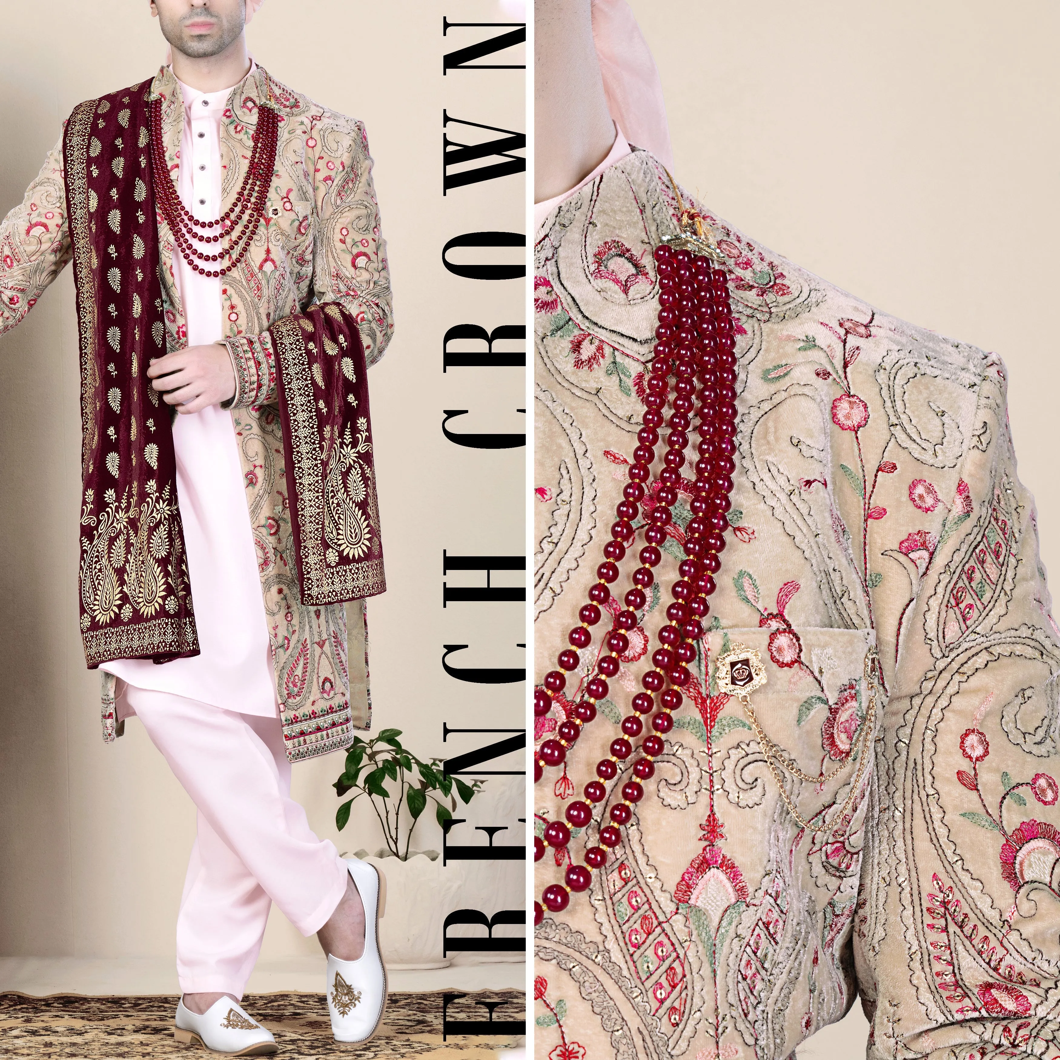 Bisque Brown and Cardinal Pink Floral Thread Embroidered Indo-Western Sherwani