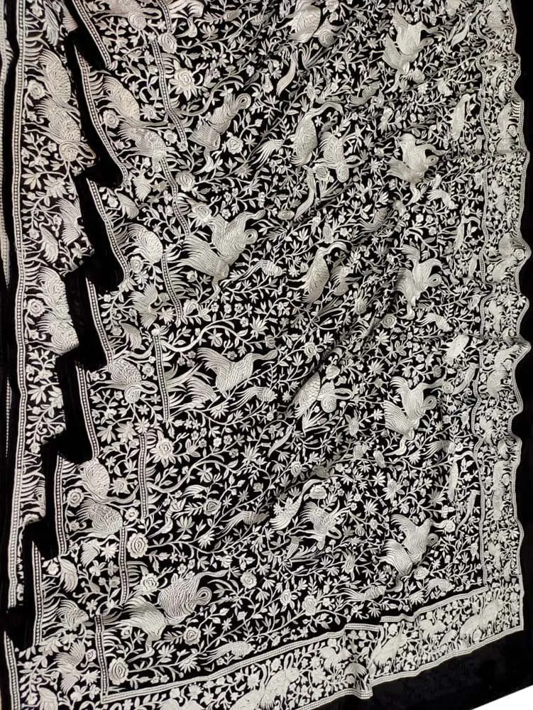 Black Embroidered Parsi Gara Pure Georgette Floral And Bird Design Saree