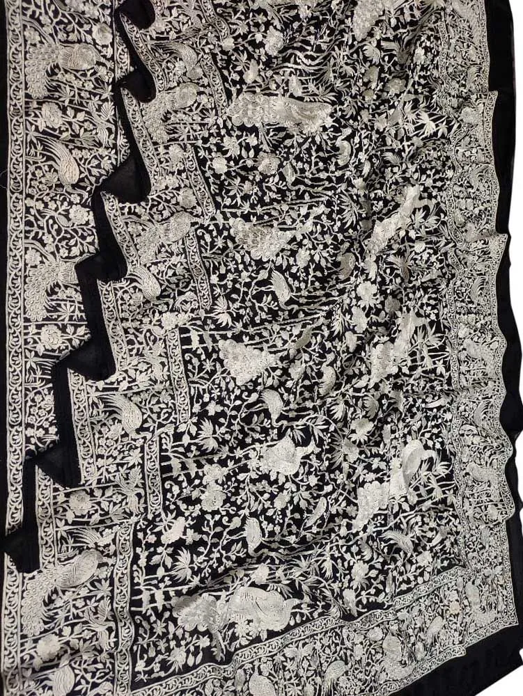 Black Embroidered Parsi Gara Pure Georgette Floral And Bird Design Saree