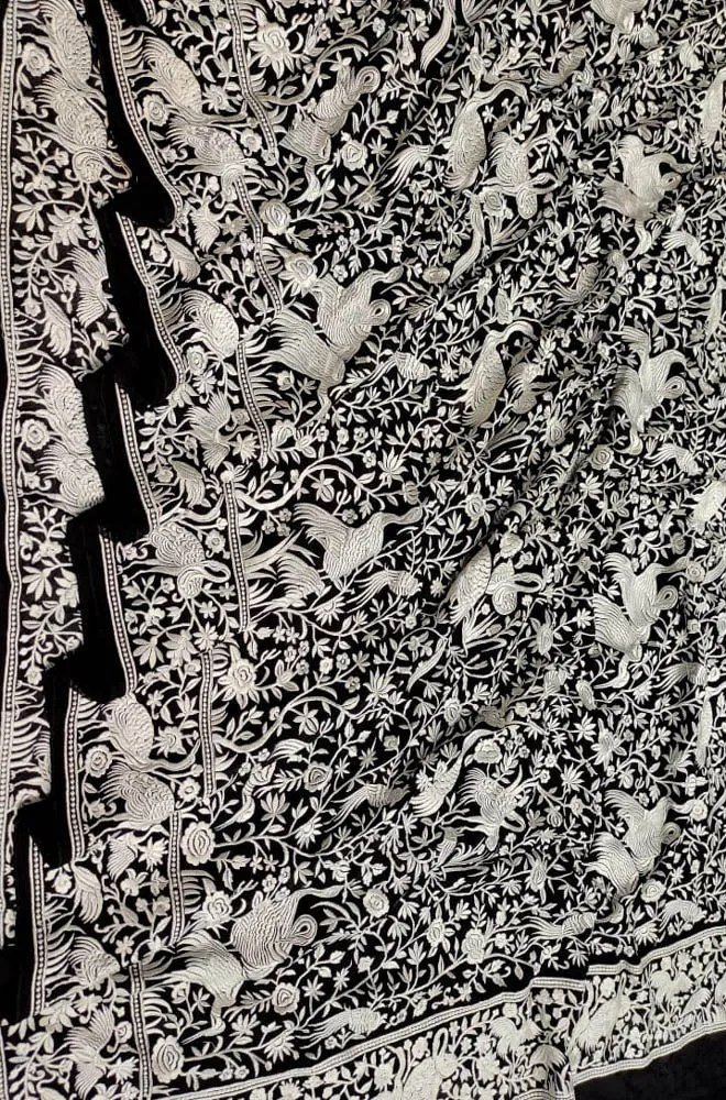 Black Embroidered Parsi Gara Pure Georgette Floral And Bird Design Saree
