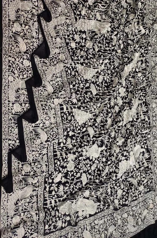 Black Embroidered Parsi Gara Pure Georgette Floral And Bird Design Saree