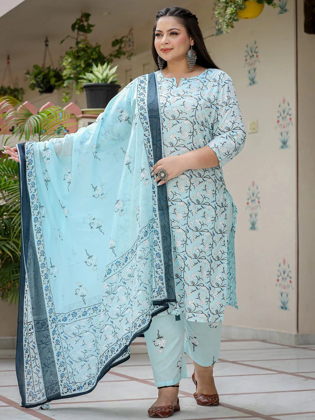 Blue Cotton Floral Print Straight Shape Suit Set with Dupatta
