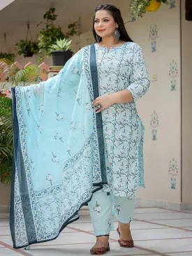 Blue Cotton Floral Print Straight Shape Suit Set with Dupatta