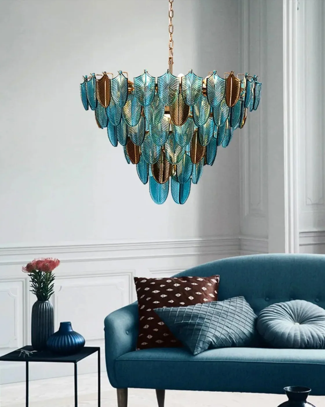 Blue Crystal Leaf Chandelier - 600MM