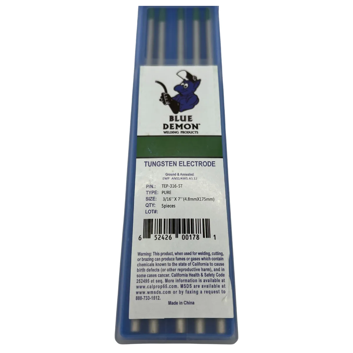 Blue Demon EWP 3/16" Pure Tungsten, 5/pk - TEP-316-5T
