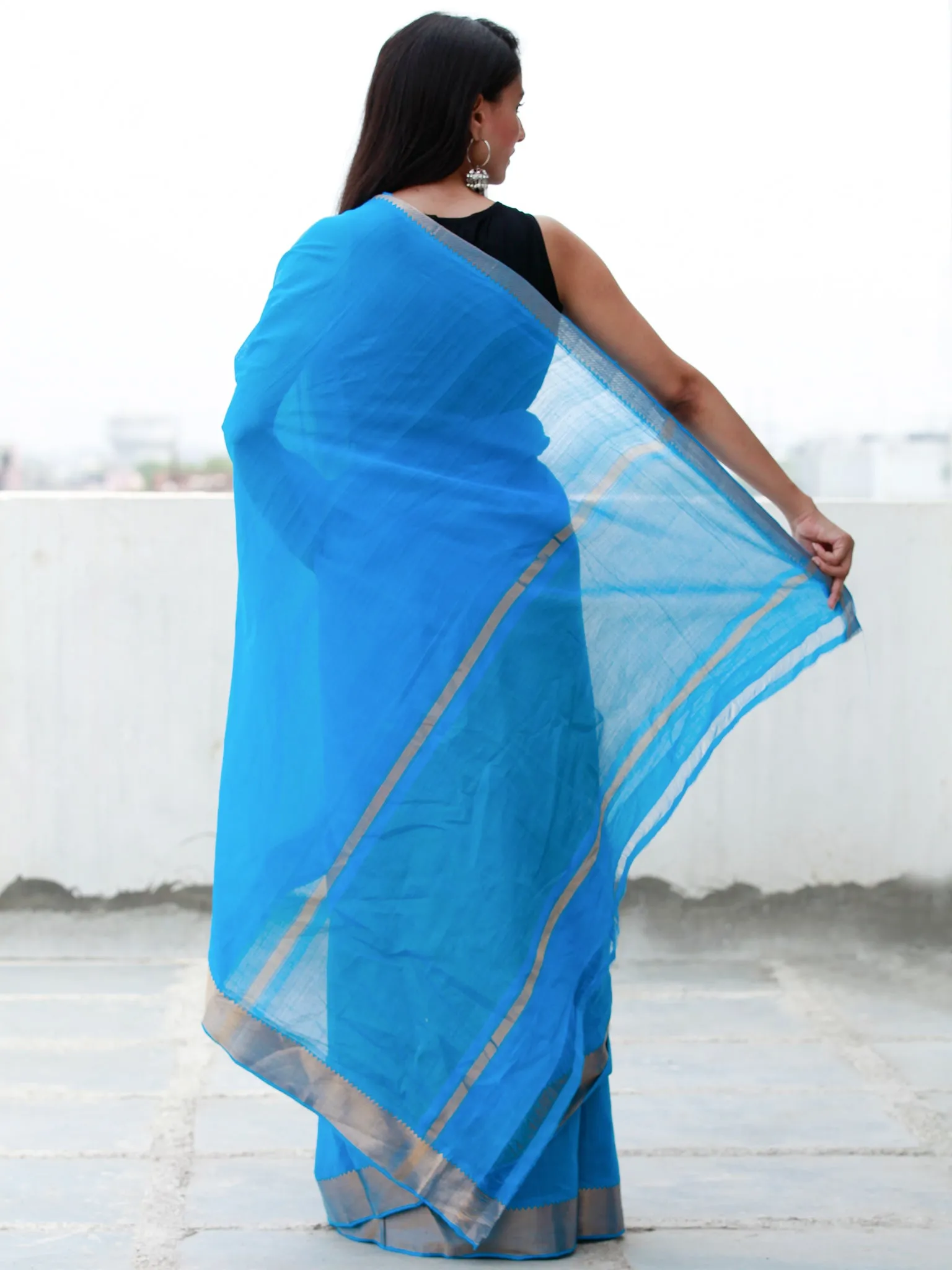 Blue Handloom Mangalagiri Cotton Saree With Zari Border - S031703858