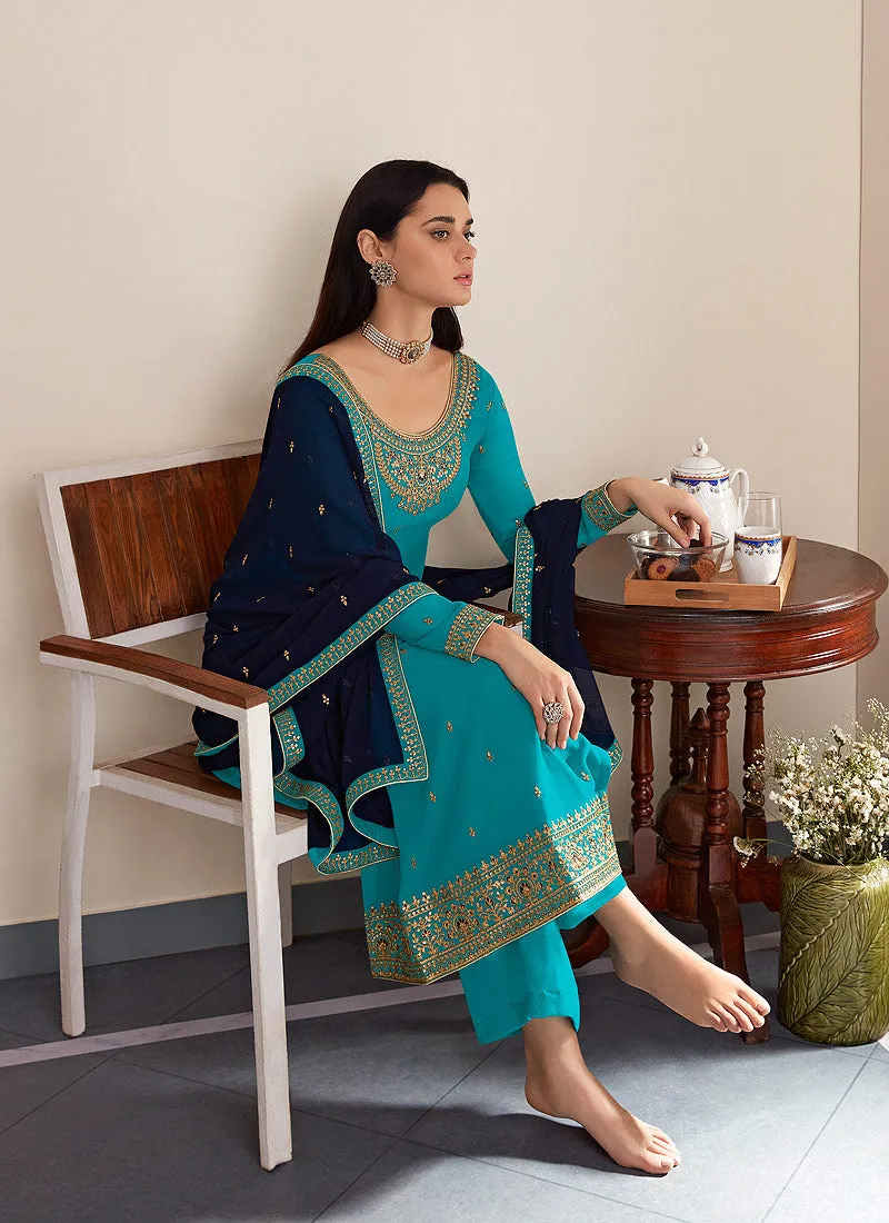 Blue Two Tone Embroidered Palazzo Style Pant Suit