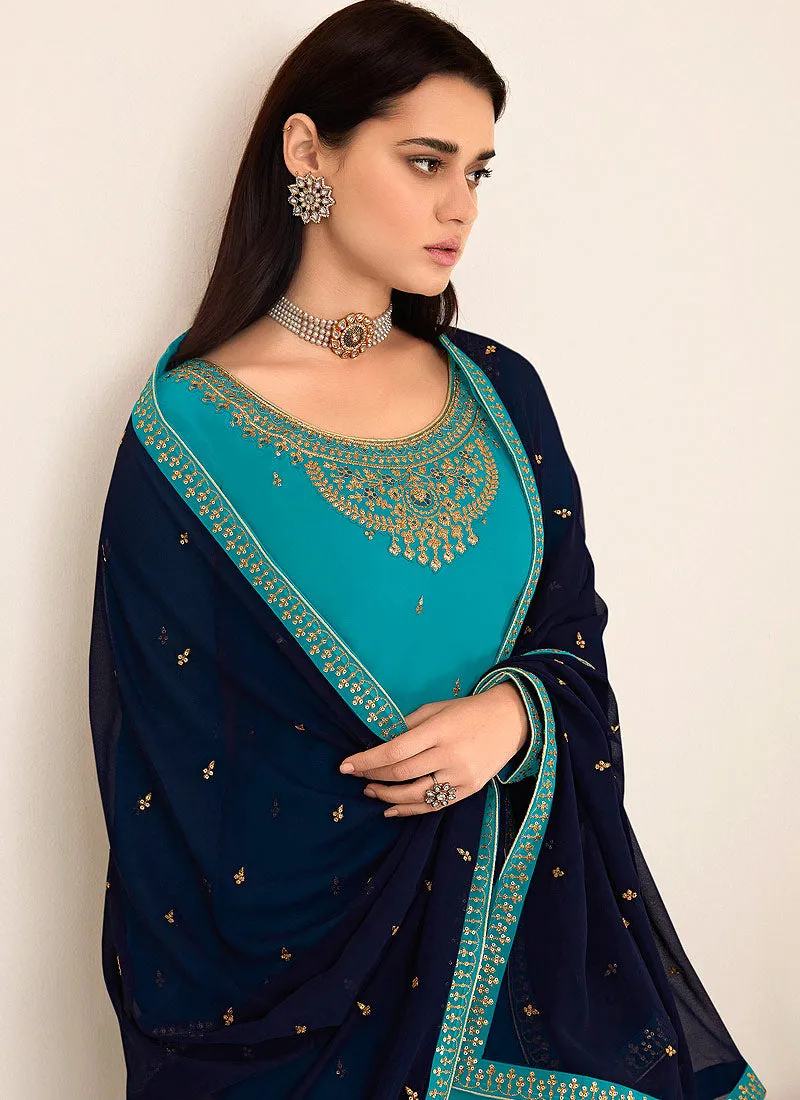 Blue Two Tone Embroidered Palazzo Style Pant Suit