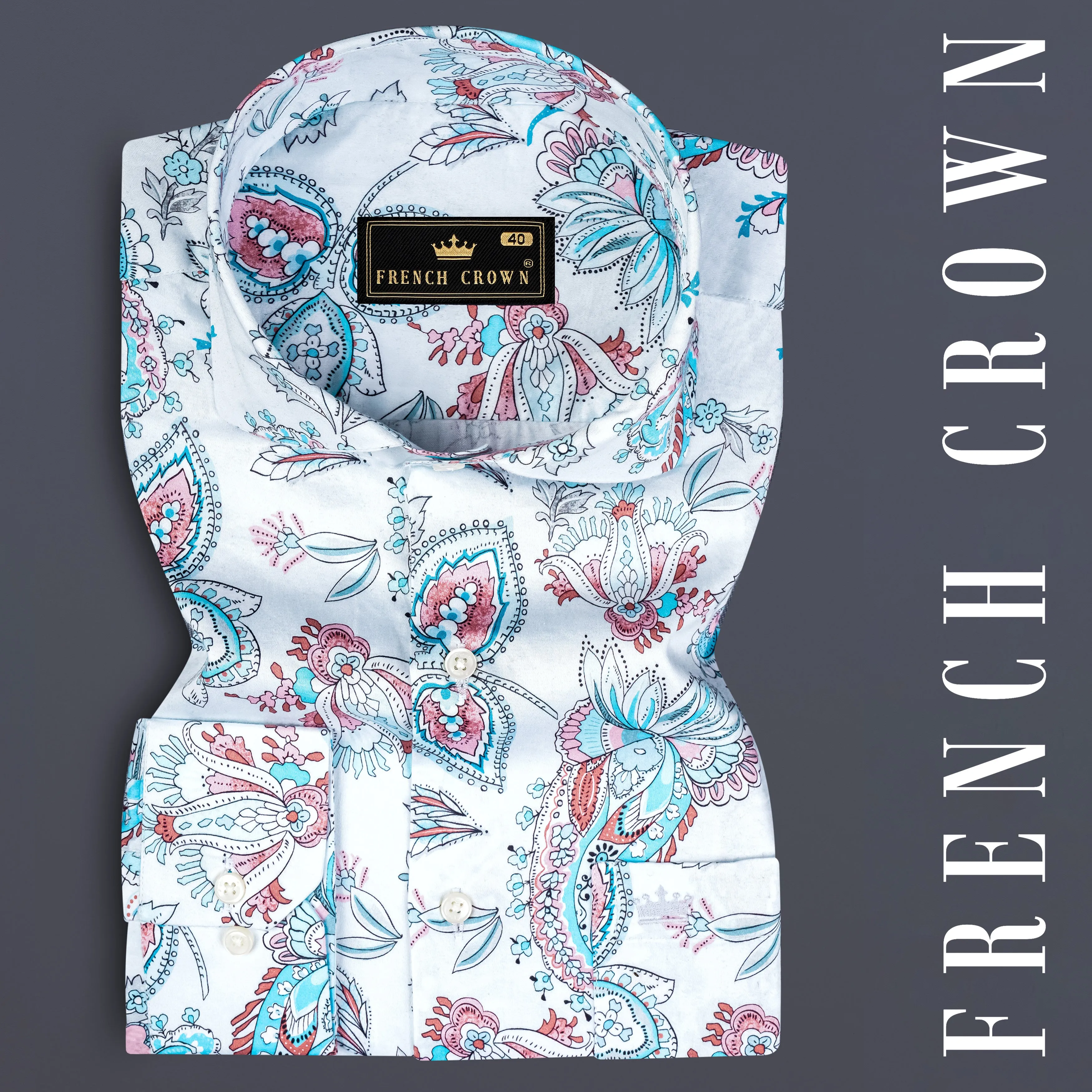 Bright White and Anakiwa Blue Leaves Printed Subtle Sheen Super Soft Premium Cotton Shirt