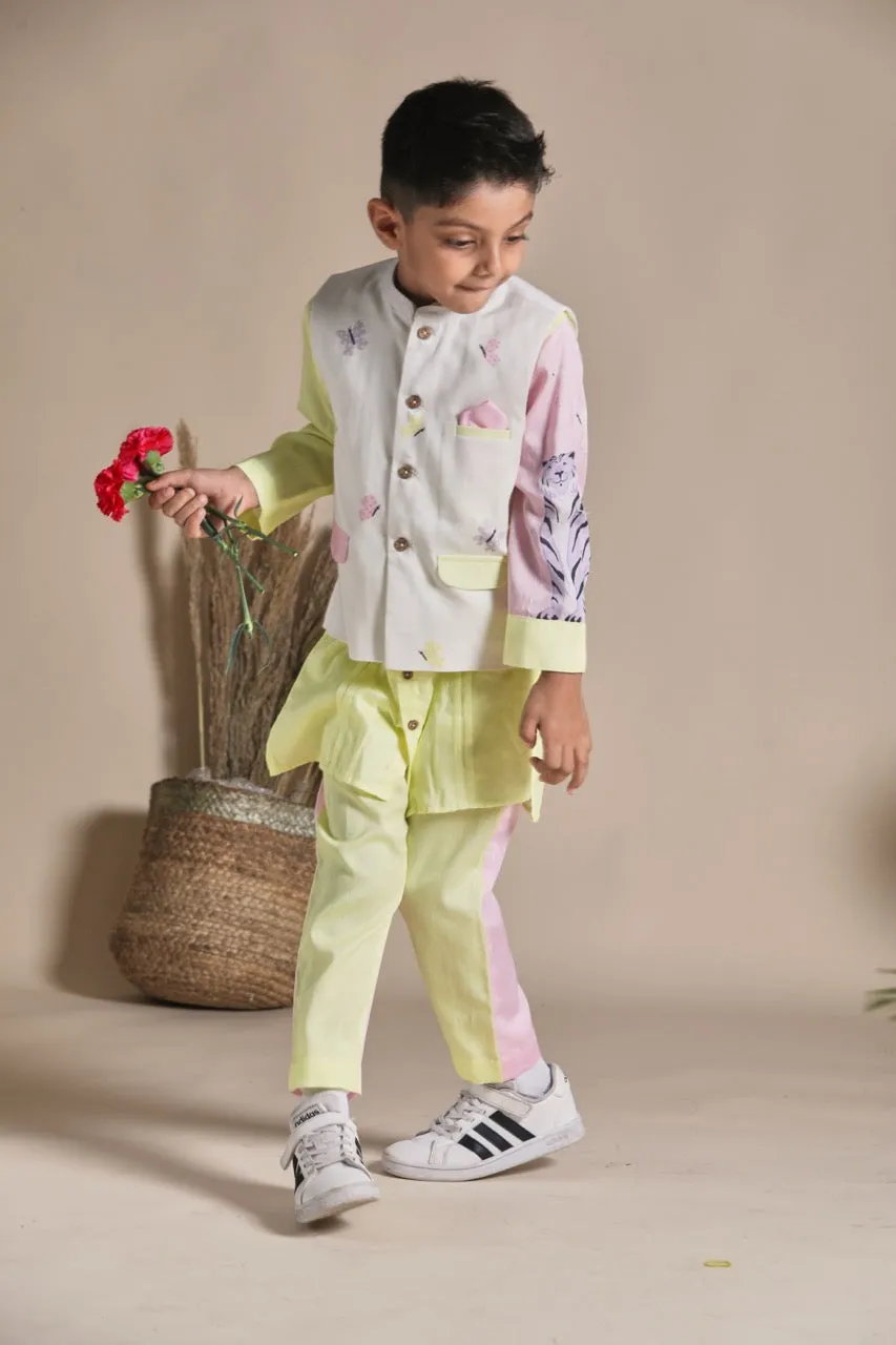 Buttefly print bandi, yellow long kurta and pants set