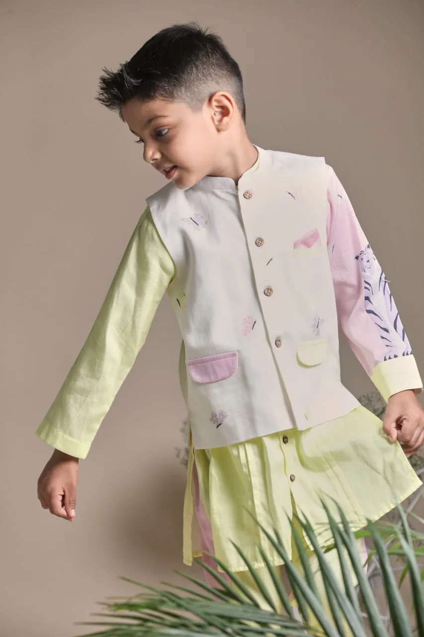 Buttefly print bandi, yellow long kurta and pants set