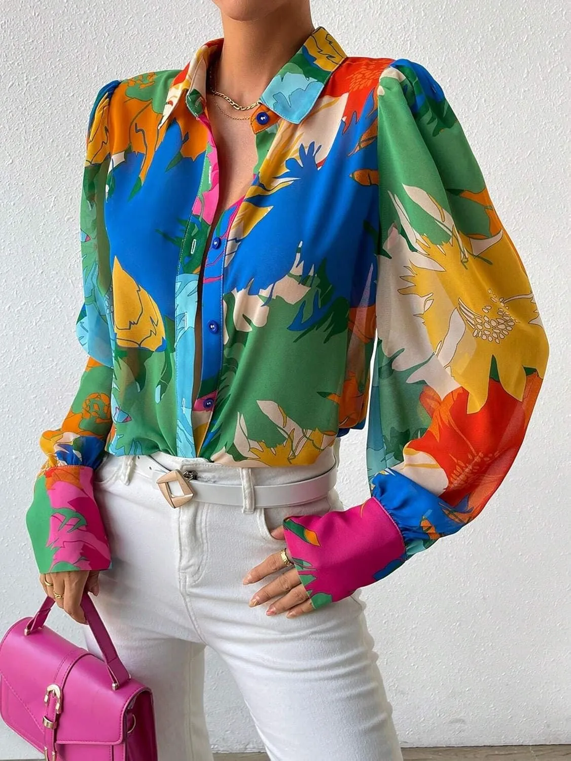 Button Down Shirts for Women Dressy Lantern Long Sleeve Blouses Printed Casual Loose Colorful Blouse Work Tops